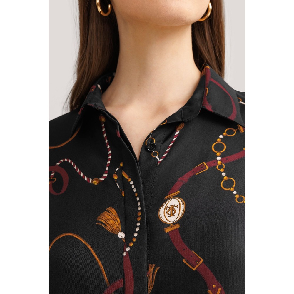 Lilysilk Louisville Print Silk Shirt Black Equestrian Chain Belt Blouse M - Picture 13 of 15